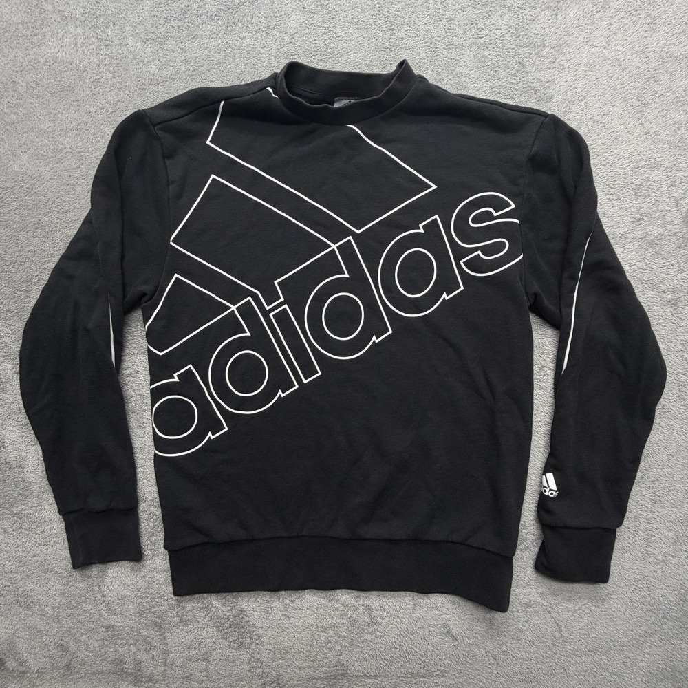 Adidas Sweatshirt Mens Small Black Fleece Pullover Big Logo Graphic